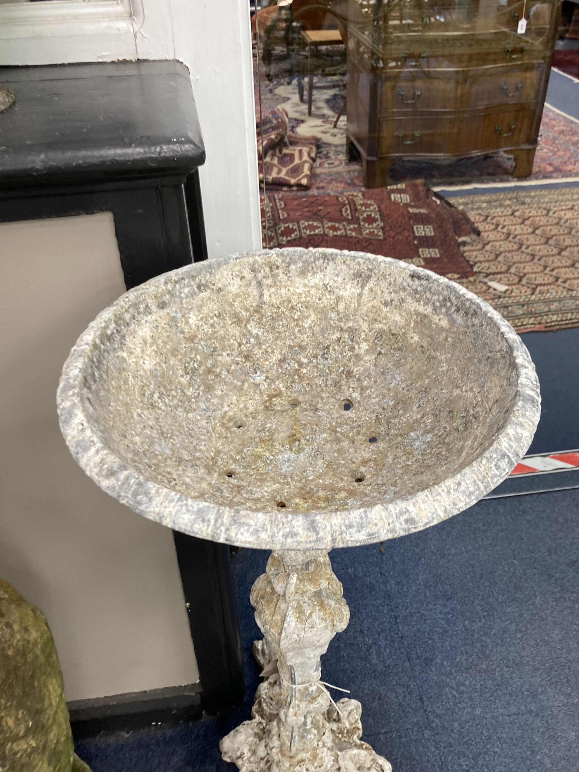 A Victorian style cast metal circular garden planter, 34cm diameter, height 78cm